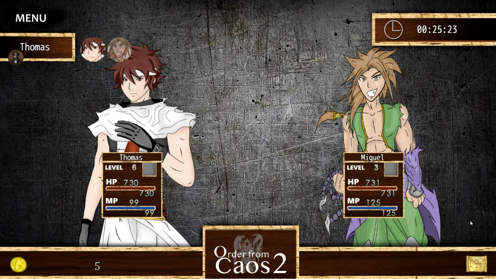 Menu principal do jogo de RPG Order from Caos 2 com os personagens Thomás e Miguel.